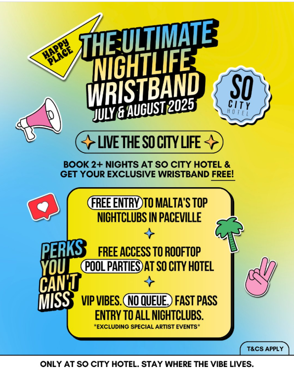 So City Hotel VIP wristband promotional poster showing nightlife perks in Paceville for summer 2025