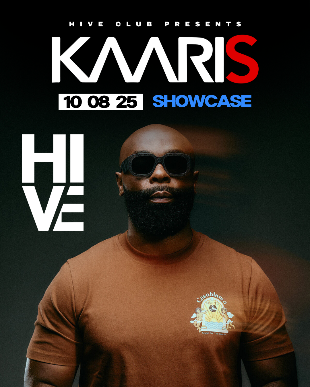 Kaaris posing in a brown t-shirt and dark sunglasses for his summer showcase at Hive Club