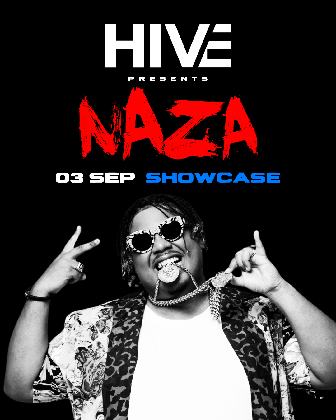 Black-and-white promotional poster of NAZA holding his chain between his teeth for his September 3 showcase at Hive Club Malta.