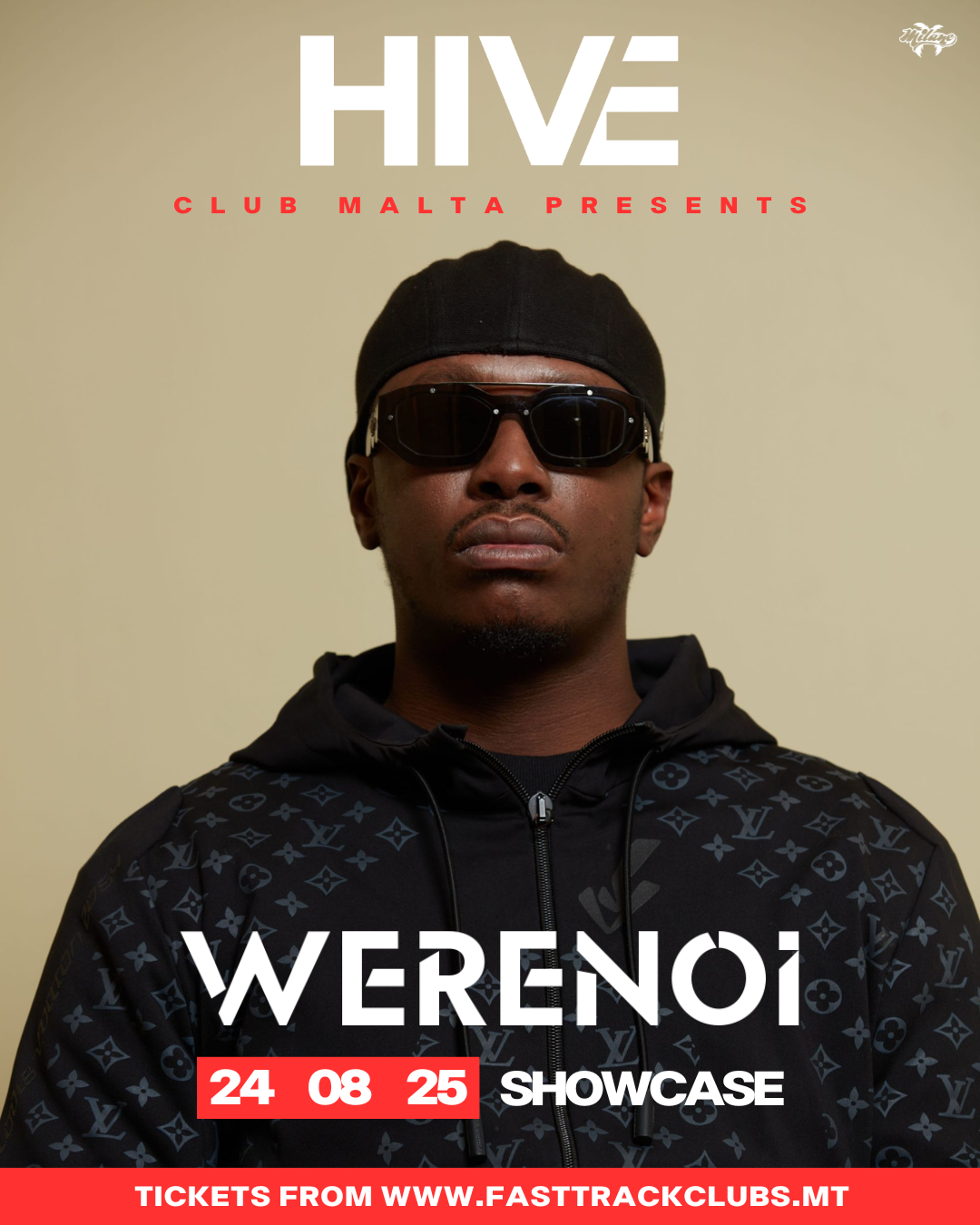 Portrait of rapper Werenoi in black sunglasses and hoodie, photographed for his summer showcase in Malta.
